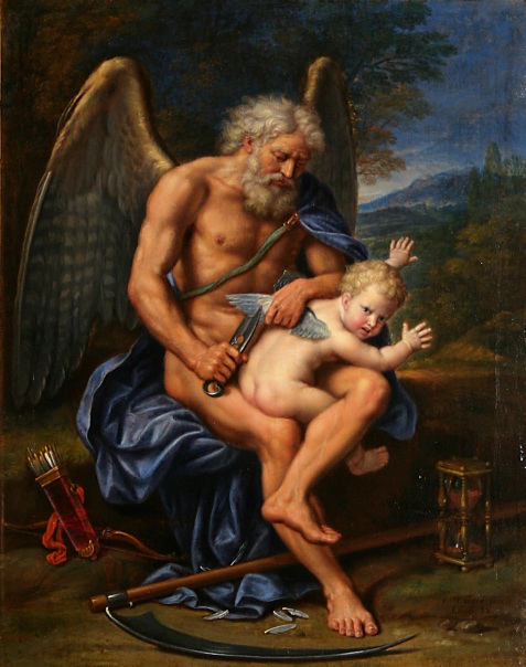 Cronus (Tempo) corta as asas de Cupido - Mignard